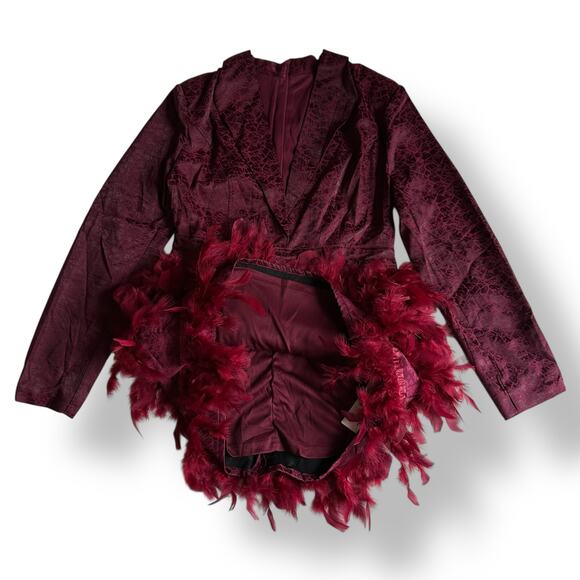 Loragal Feather Mini Dress NWT Burgundy Y2K Glam‎ Party Editorial Vibes - Picture 5 of 9